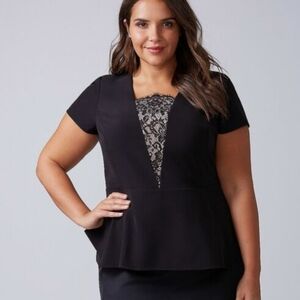 Lane Bryant | Black Eyelash Lace Inset Peplum Top